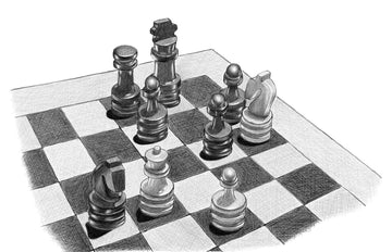 Black and white sketch of a chess match with black king in check