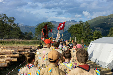 Boy scouts troop walking through the wilderness