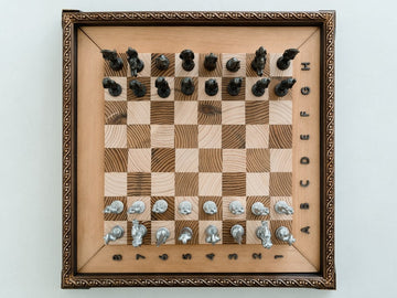 top down view of a wooden chess board