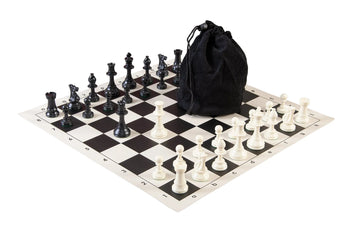 Drawstring Chess Set Combination - Solid Plastic Regulation Pieces | Vinyl Chess Board | Drawstring Bag