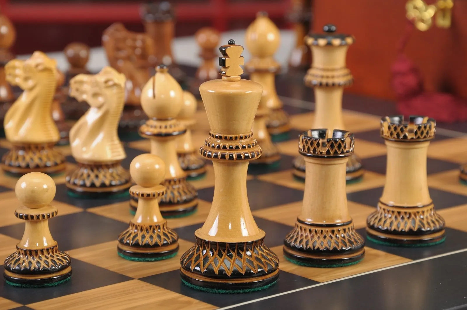 The Burnt Golden Rosewood Grandmaster Series Chess Set, Box