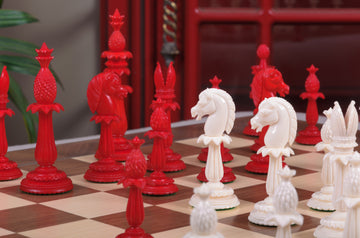 IMPERFECT - Lund Anglo-Indian Reproduction BONE Chess Pieces - RED & NATURAL Bone