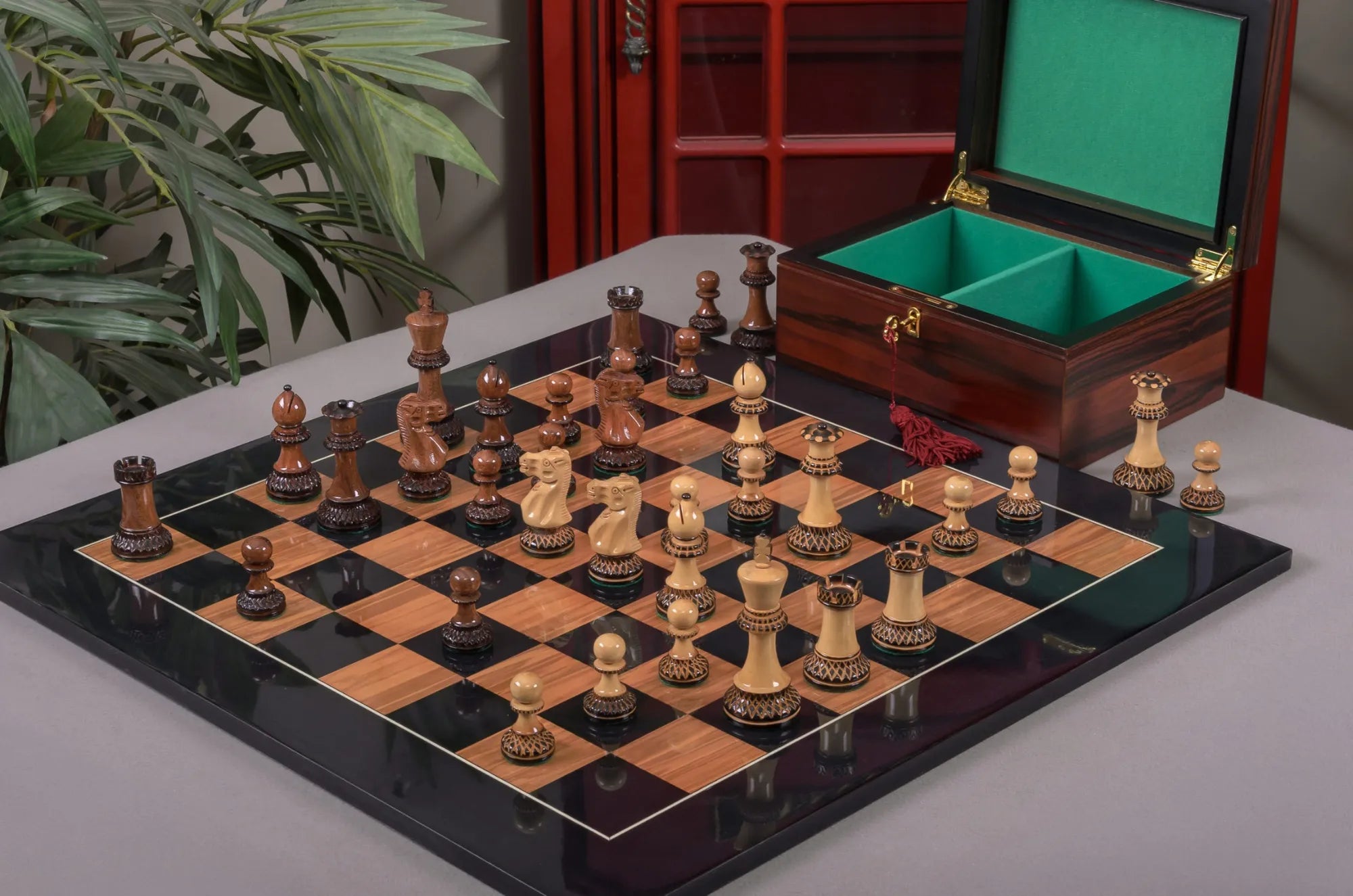 The Burnt Golden Rosewood Grandmaster Series Chess Set, Box