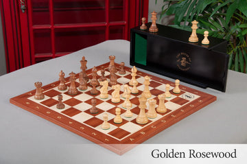 3.8" MINSK 1960's SOVIET RUSSIAN DOUBLE WEIGHTED CHESS PIECES, 21" GOLDEN ROSEWOOD CHESS BOARD & BOX