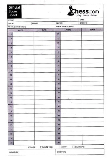 Chess.com Self-Duplicating Score Sheets - PACK OF 100 SHEETS