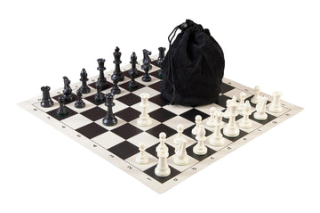 Drawstring Chess Set Combination - Single Weighted Regulation Pieces | Vinyl Chess Board | Drawstring Bag