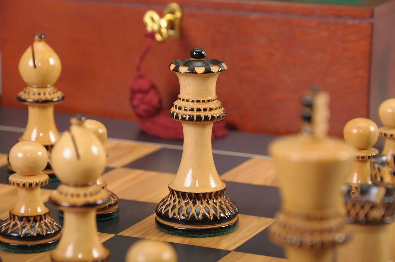 The Burnt Golden Rosewood Grandmaster Series Chess Set, Box