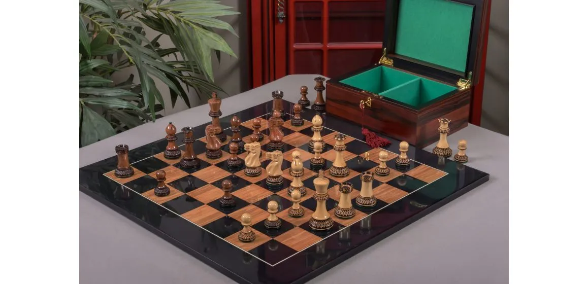 The Burnt Golden Rosewood Grandmaster Series Chess Set, Box, & Gloss Board Combination