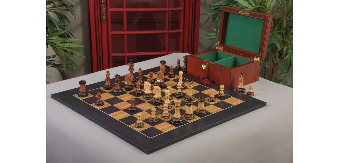 The Burnt Golden Rosewood Dubrovnik Series Chess Set, Box, & Satin Board Combination