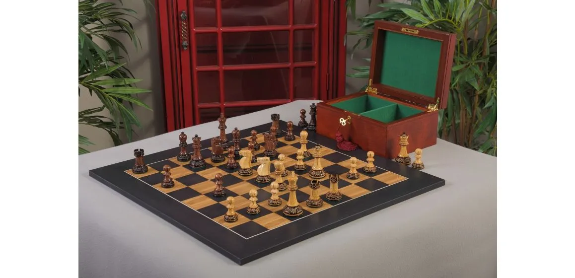 The Burnt Golden Rosewood Reykjavik II Series Chess Set, Box, & Satin Board Combination