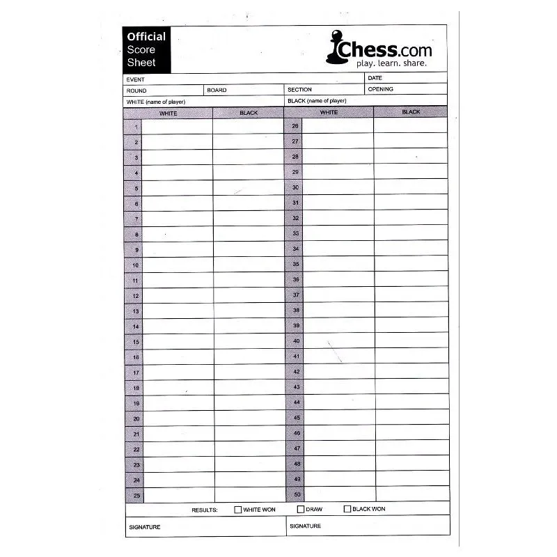 Official US Chess Self Duplicating Score Sheets PACK OF 100 SHEETS