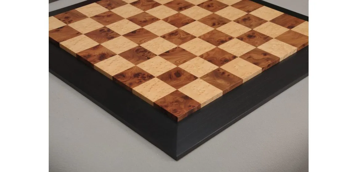 Olmo Burl, Genuine Ebony & Bird's Eye Maple Custom Contemporary II Chess Board
