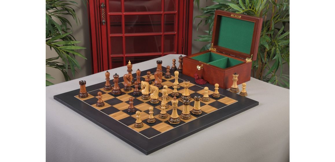The Burnt Golden Rosewood Zagreb Series Chess Set, Box, & Satin Olivewood Board Combination