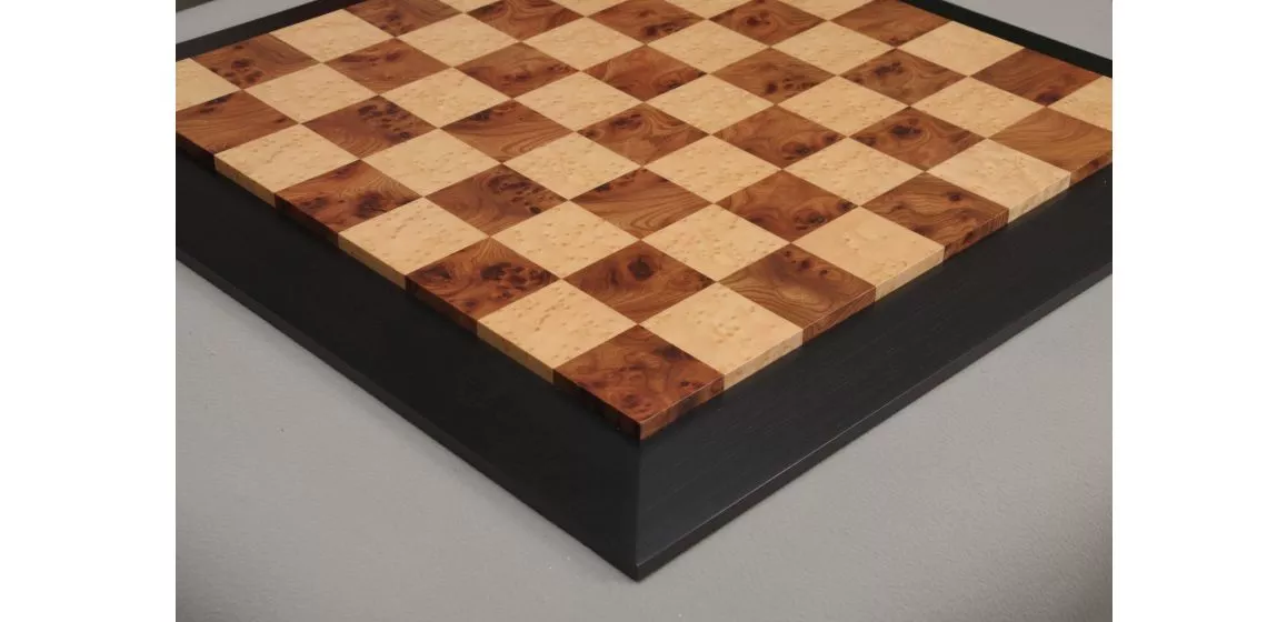 Olmo Burl, Genuine Ebony & Bird's Eye Maple Custom Contemporary II Chess Board