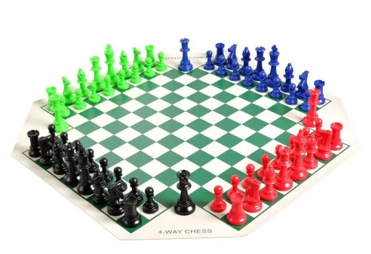 4 Player Chess Set Combination - Single Weighted Regulation Colored Chess Pieces & 4 Player Vinyl Chess Board