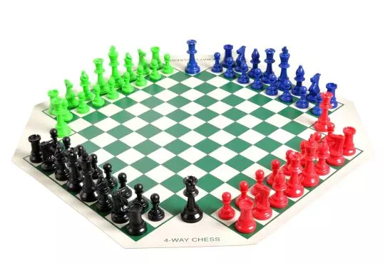 4 Player Chess Set Combination - Single Weighted Regulation Colored Chess Pieces & 4 Player Vinyl Chess Board 