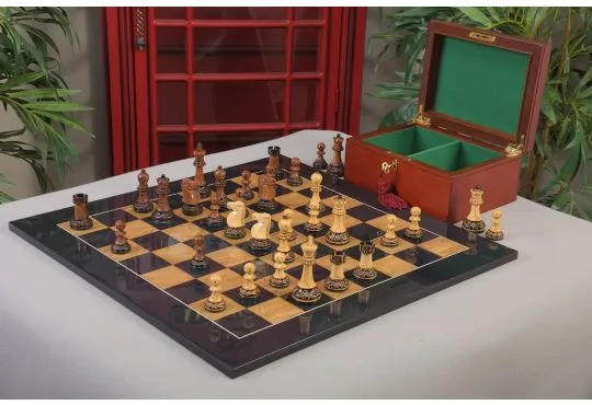 The Burnt Golden Rosewood Reykjavik II Series Chess Set, Box, & Gloss Board Combination