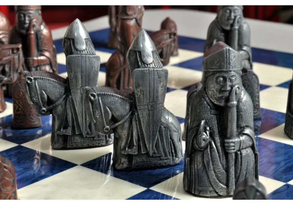 Chess Set - Metal Isle of Lewis Metal Chess Pieces on Inlaid Beechwood –  WorldWise Imports