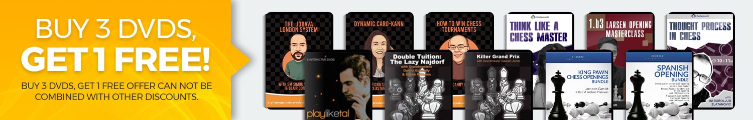 Banner of chess DVDs and the text buy 3 DVDs get one free