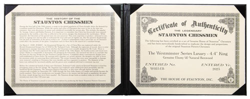 front and back sides of a Staunton Chessmen Certificate of Authenticity